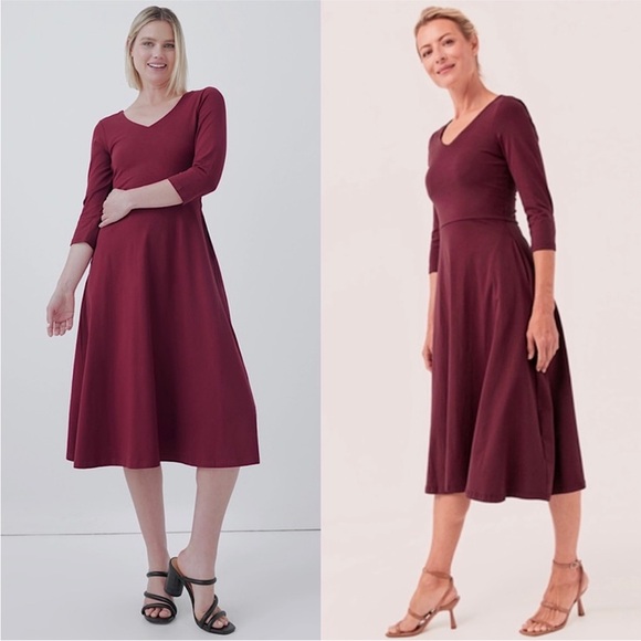 Pact Dresses & Skirts - PACT Burgundy Organic Cotton 3/4 Sleeve V-Neck Fit & Flare Stretch Midi Dress S